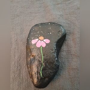 Hand-Painted Black Stone with Pink Flower